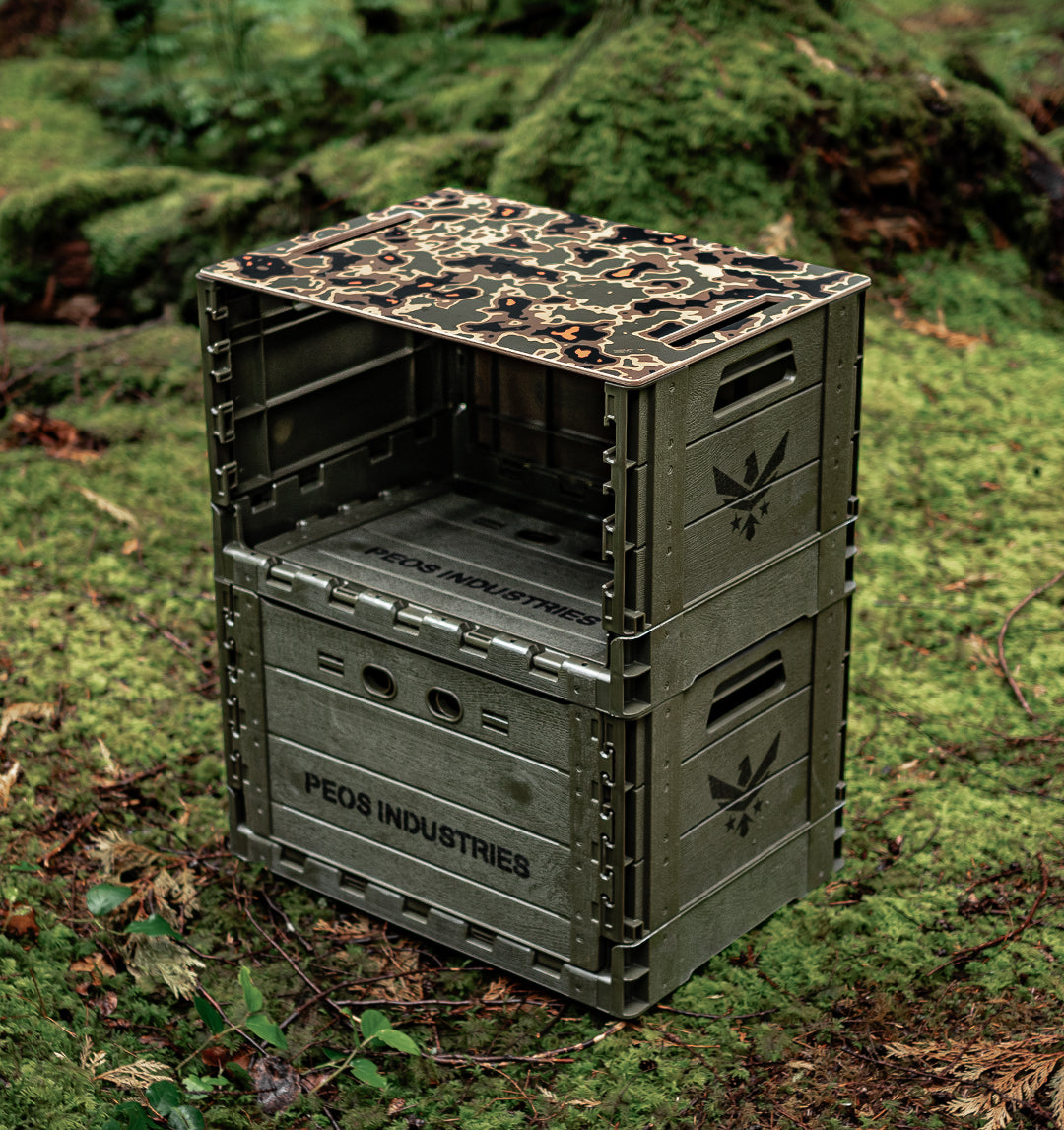 silentfamily / peos / peos industries / field box / camping essentials / Tactical Furniture / foldable / collapsible / stackable / versatile storage /  outdoor storage